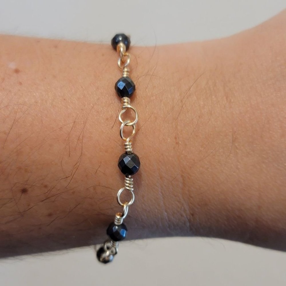 Hematite Gold Tone Chain Wire Wrapped Bead Bracelet, Gold Tone, Handmade